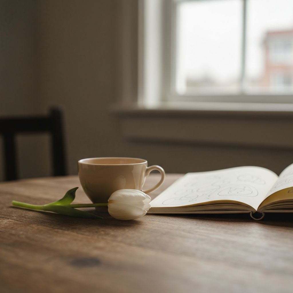 Flower beside teacup with open journal