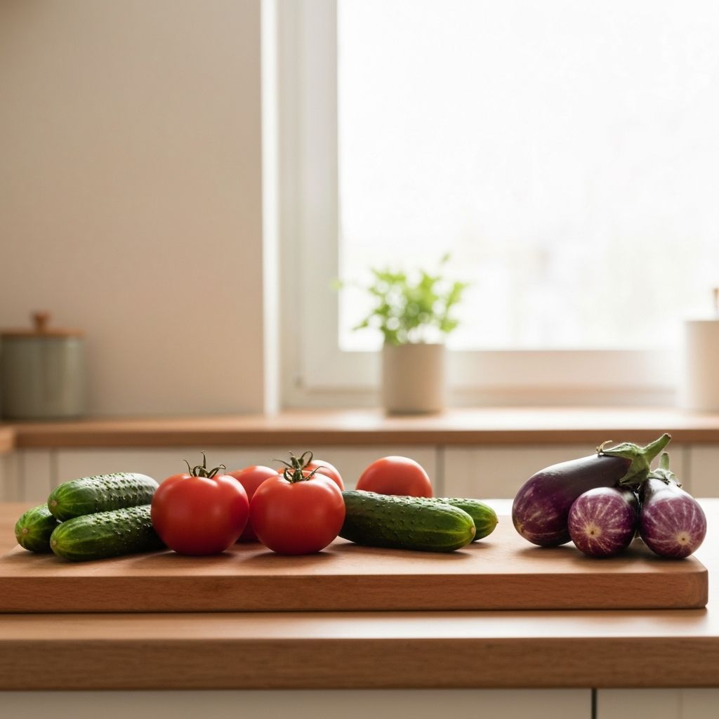 Calm kitchen counter with fresh produce